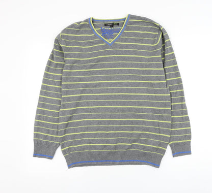 George Mens Grey V-Neck Striped Cotton Pullover Jumper Size S