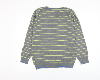 George Mens Grey V-Neck Striped Cotton Pullover Jumper Size S