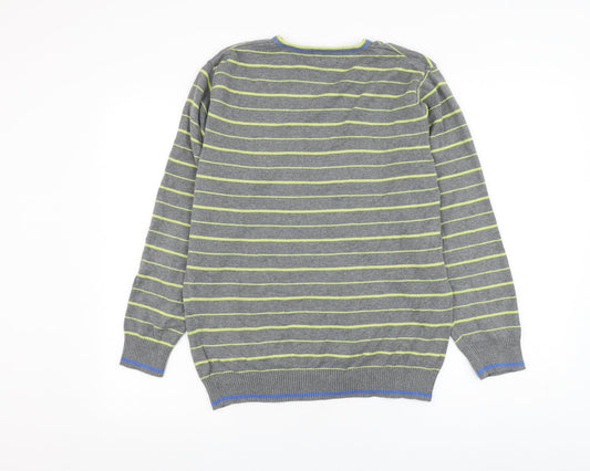 George Mens Grey V-Neck Striped Cotton Pullover Jumper Size S