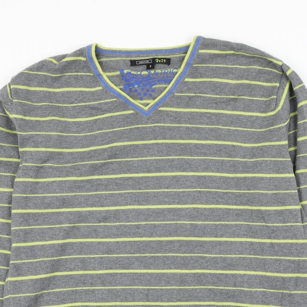 George Mens Grey V-Neck Striped Cotton Pullover Jumper Size S