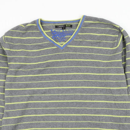 George Mens Grey V-Neck Striped Cotton Pullover Jumper Size S
