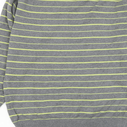 George Mens Grey V-Neck Striped Cotton Pullover Jumper Size S