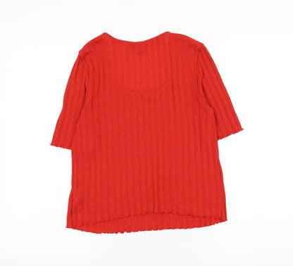 Topshop Womens Red Striped Polyester Basic T-Shirt Size 12 Scoop Neck - Lettuce Hem