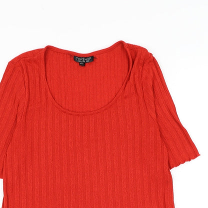 Topshop Womens Red Striped Polyester Basic T-Shirt Size 12 Scoop Neck - Lettuce Hem