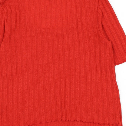 Topshop Womens Red Striped Polyester Basic T-Shirt Size 12 Scoop Neck - Lettuce Hem