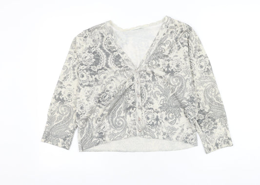 AMARANTO Womens Grey V-Neck Paisley Polyester Cardigan Jumper Size 16