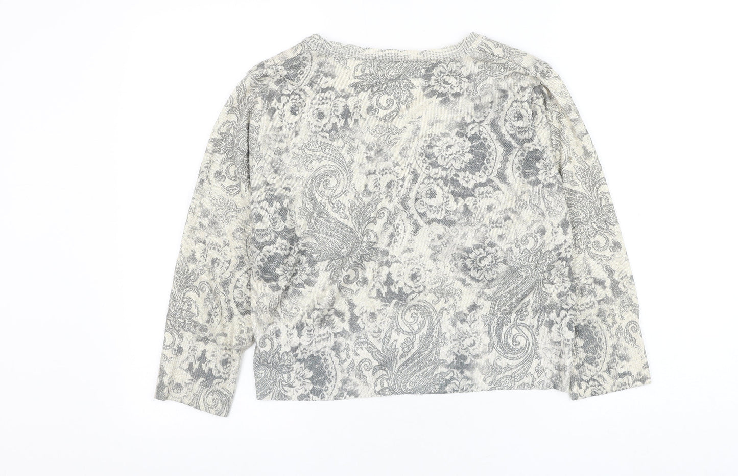 AMARANTO Womens Grey V-Neck Paisley Polyester Cardigan Jumper Size 16