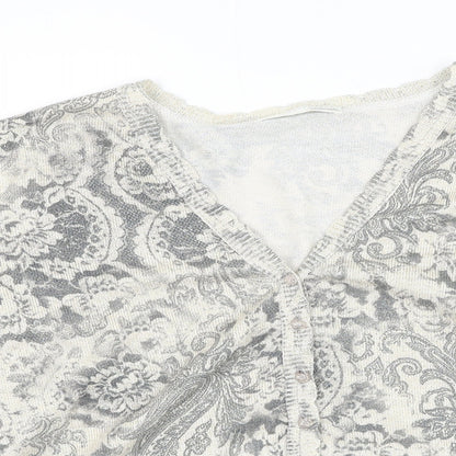 AMARANTO Womens Grey V-Neck Paisley Polyester Cardigan Jumper Size 16