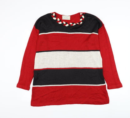 Natural In-Front Womens Red Round Neck Striped Acrylic Pullover Jumper Size L