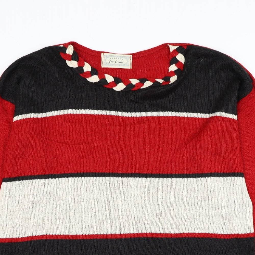 Natural In-Front Womens Red Round Neck Striped Acrylic Pullover Jumper Size L