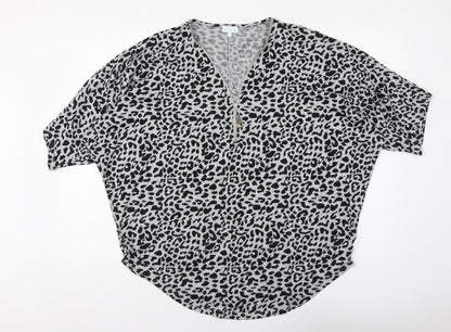 Blue Vanila Womens Grey V-Neck Animal Print Acrylic Henley Jumper Size M