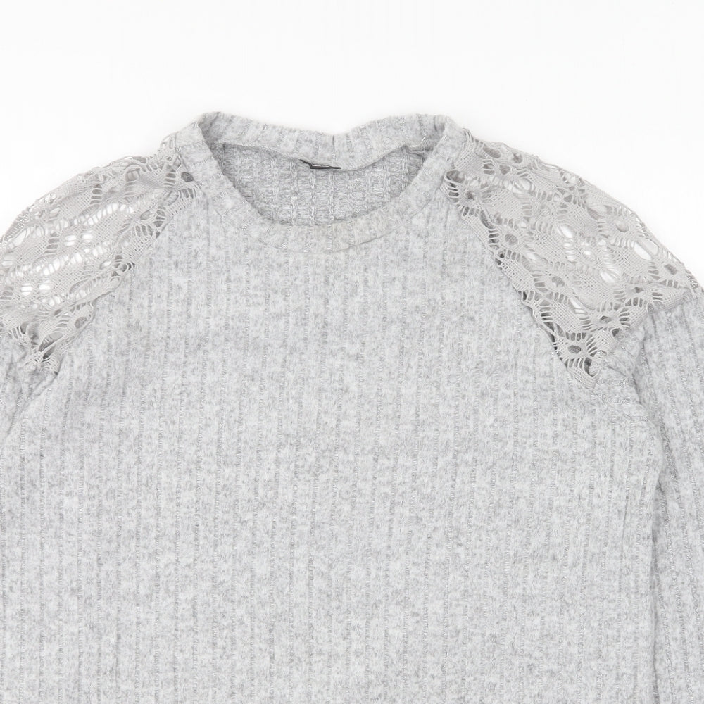 SheIn Womens Grey Round Neck Polyester Pullover Jumper Size S - Lace Shoulder