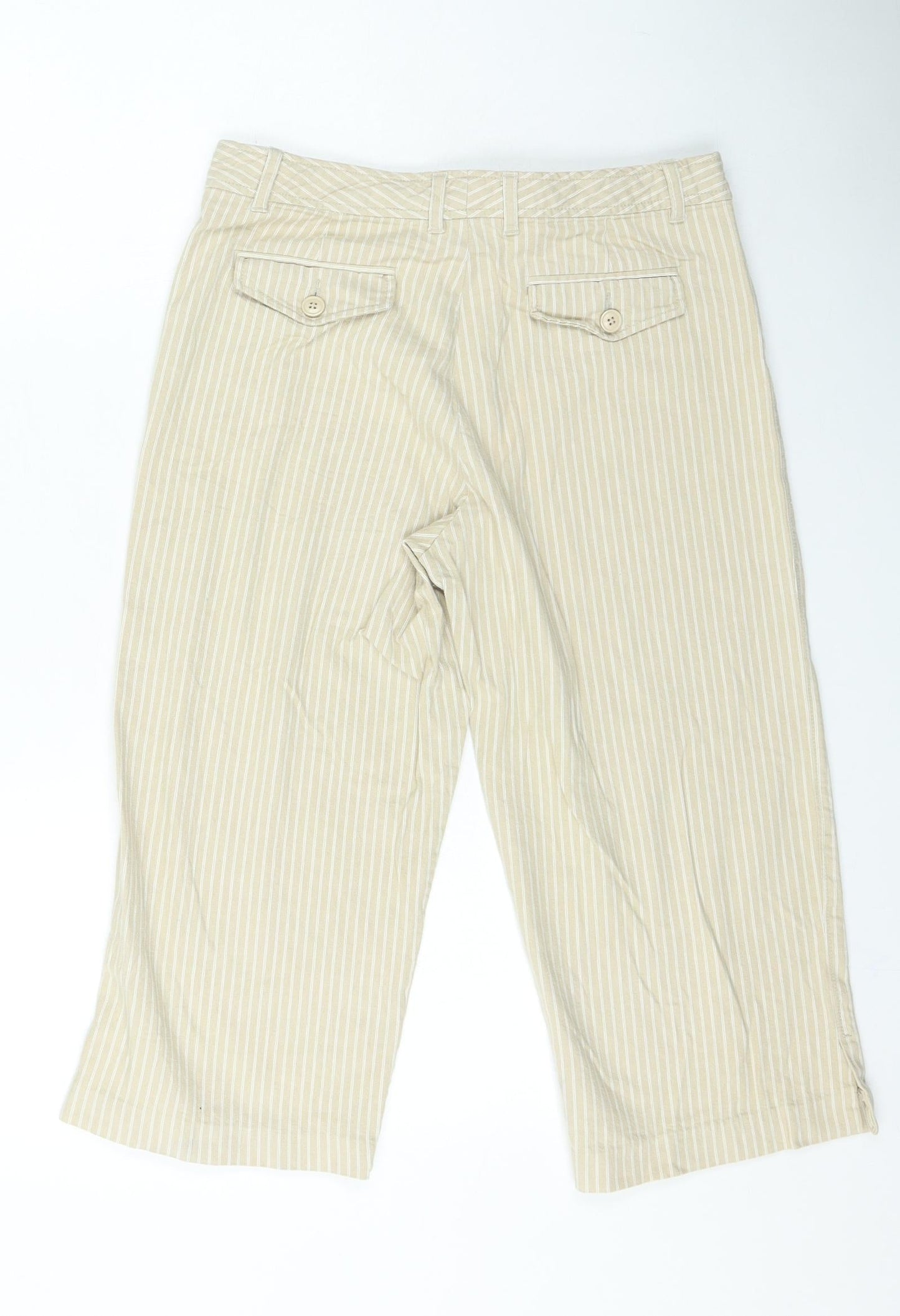 Rockmano Womens Beige Striped Cotton Cropped Trousers Size 12 L20 in Regular Zip