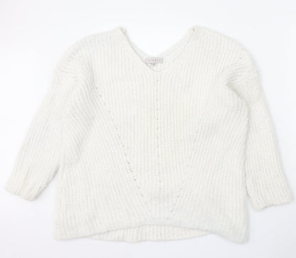 Nutmeg Womens White V-Neck Polyester Pullover Jumper Size 18