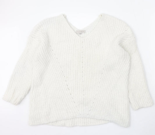 Nutmeg Womens White V-Neck Polyester Pullover Jumper Size 18