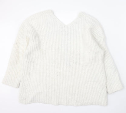 Nutmeg Womens White V-Neck Polyester Pullover Jumper Size 18