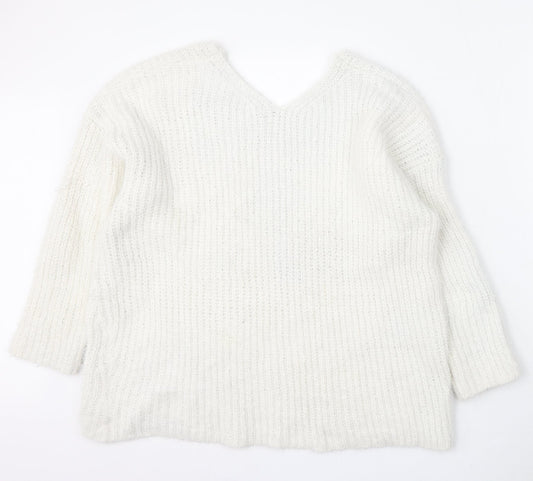 Nutmeg Womens White V-Neck Polyester Pullover Jumper Size 18