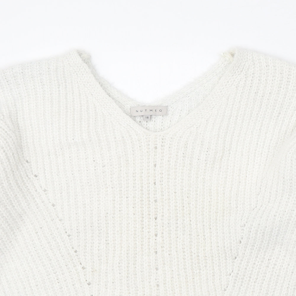 Nutmeg Womens White V-Neck Polyester Pullover Jumper Size 18