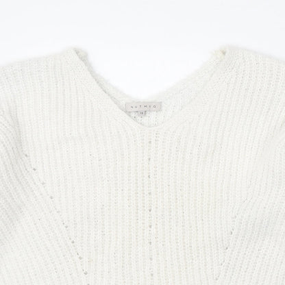 Nutmeg Womens White V-Neck Polyester Pullover Jumper Size 18