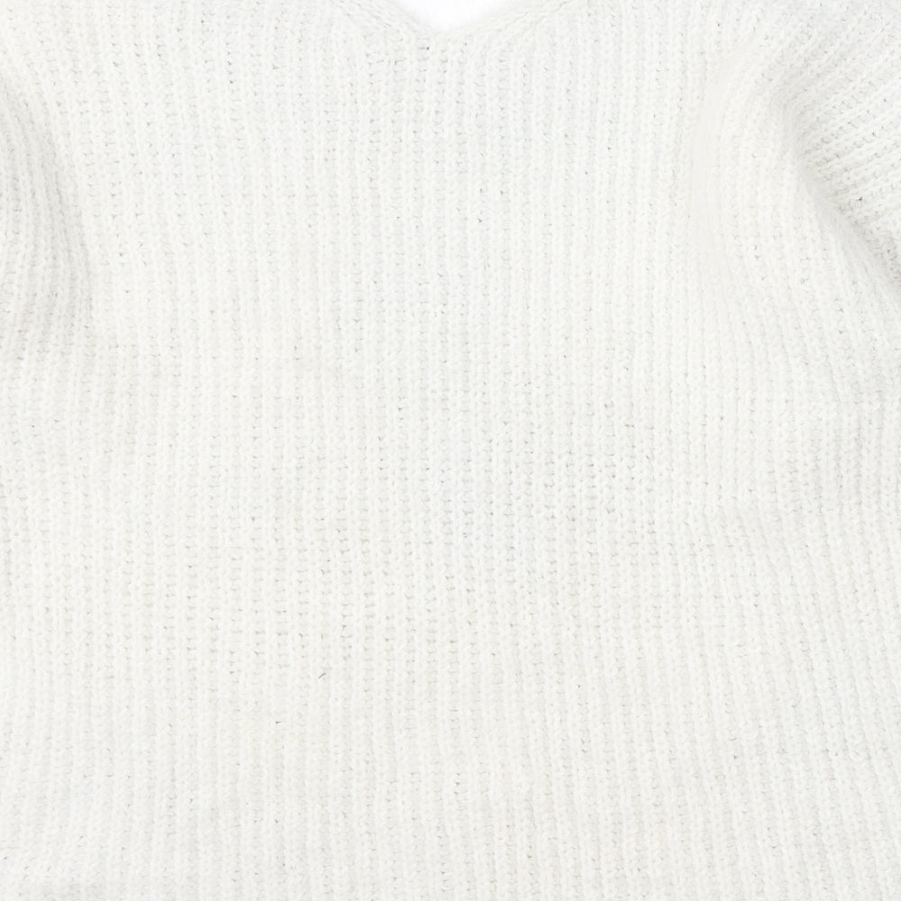 Nutmeg Womens White V-Neck Polyester Pullover Jumper Size 18