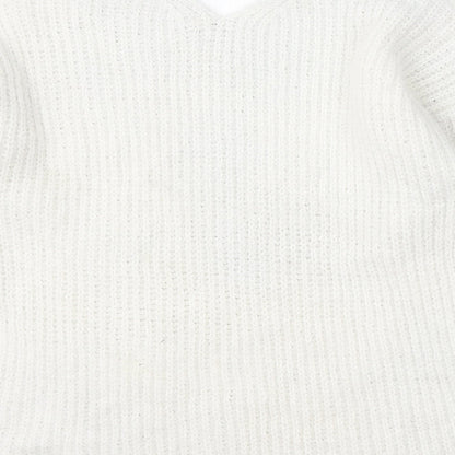Nutmeg Womens White V-Neck Polyester Pullover Jumper Size 18