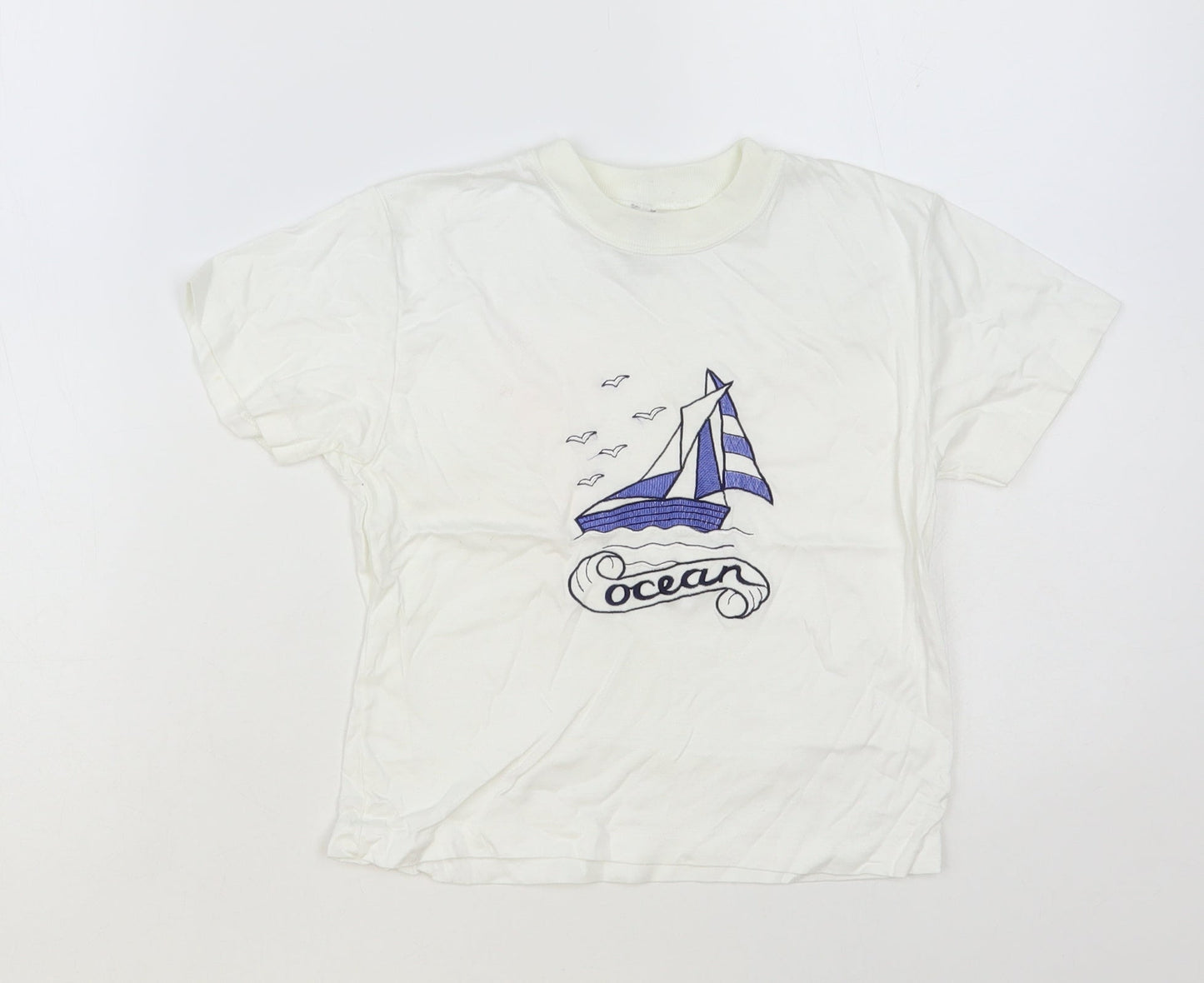 Creation Stummer Girls White Cotton Pullover T-Shirt Size 6 Years Crew Neck Pullover - Boat