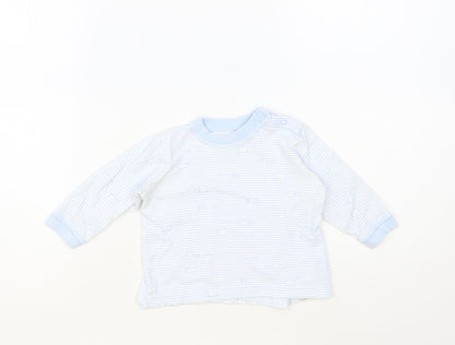 Marks and Spencer Baby Blue Striped Cotton Basic T-Shirt Size 3-6 Months Crew Neck Snap - Bear Print