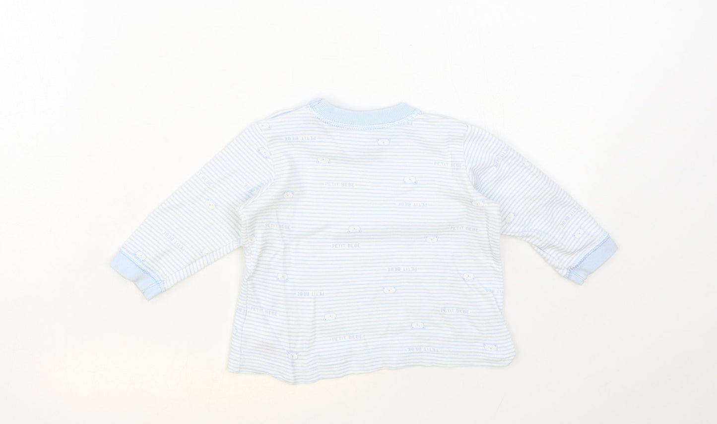 Marks and Spencer Baby Blue Striped Cotton Basic T-Shirt Size 3-6 Months Crew Neck Snap - Bear Print