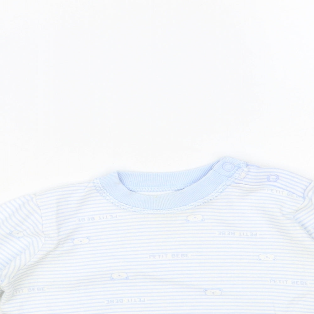 Marks and Spencer Baby Blue Striped Cotton Basic T-Shirt Size 3-6 Months Crew Neck Snap - Bear Print