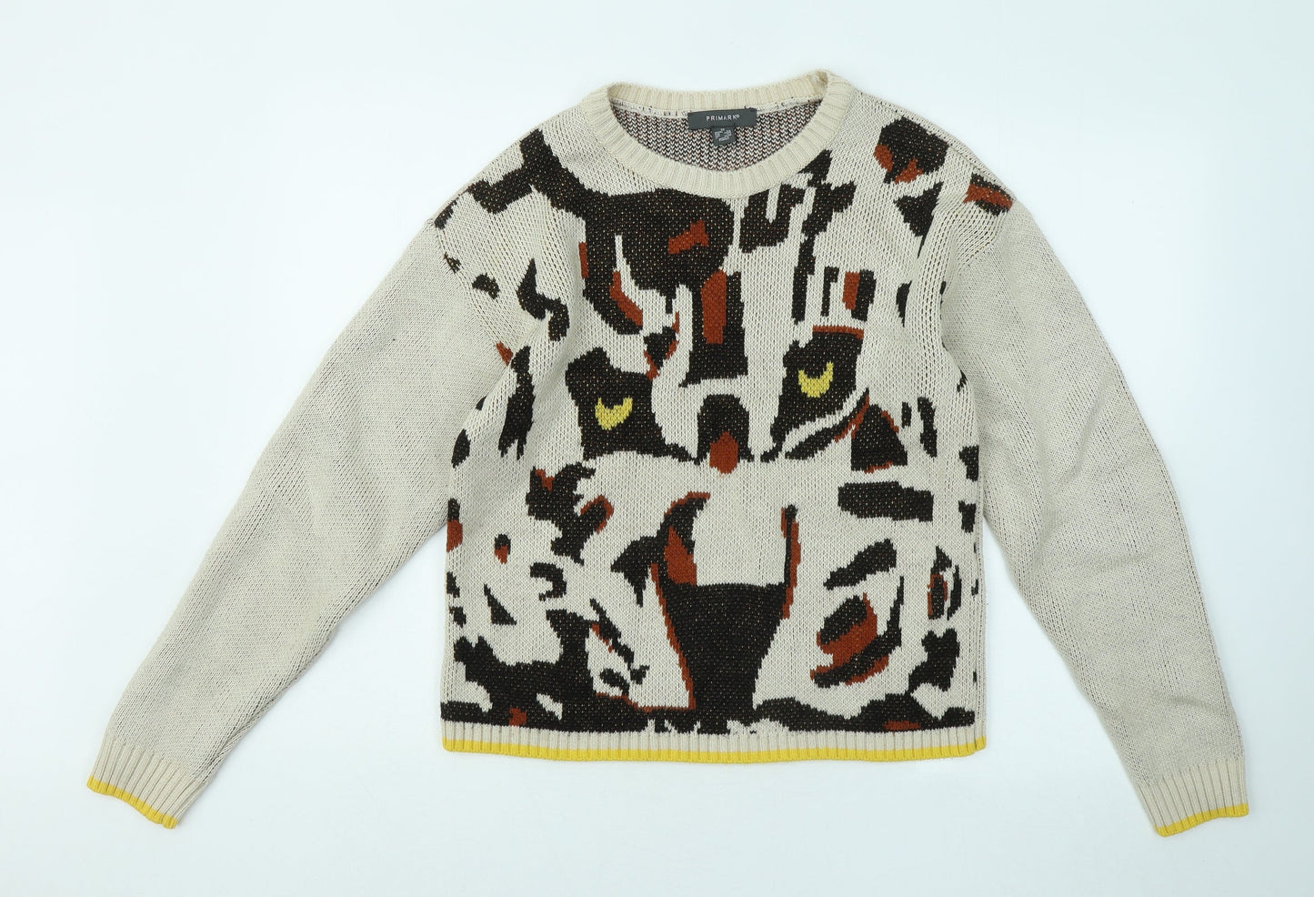 Primark Womens Beige Roll Neck Geometric Acrylic Pullover Jumper Size 6 - Owl