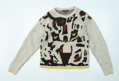 Primark Womens Beige Roll Neck Geometric Acrylic Pullover Jumper Size 6 - Owl