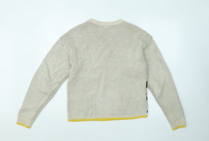 Primark Womens Beige Roll Neck Geometric Acrylic Pullover Jumper Size 6 - Owl