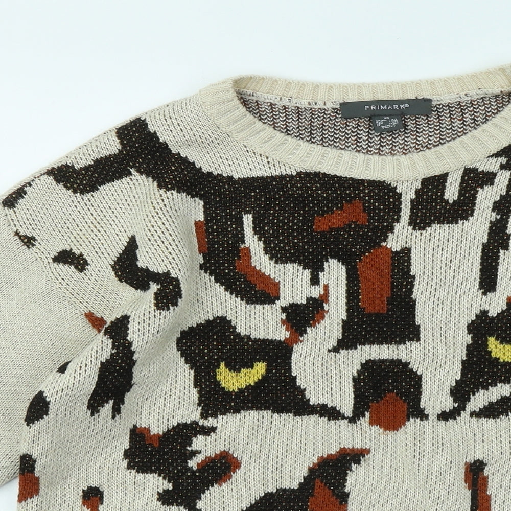 Primark Womens Beige Roll Neck Geometric Acrylic Pullover Jumper Size 6 - Owl