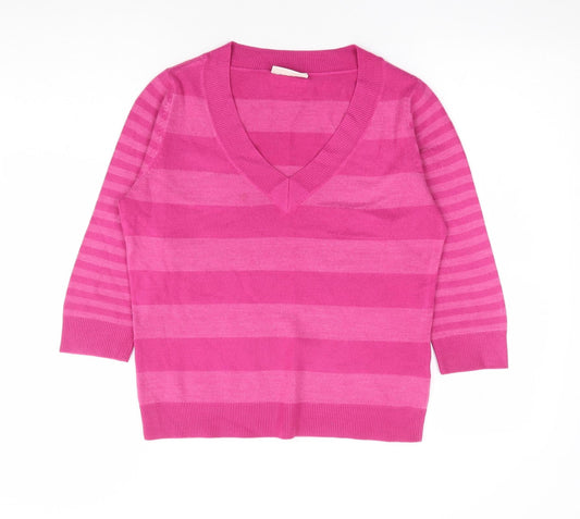 BHS Womens Pink V-Neck Striped Acrylic Pullover Jumper Size 10