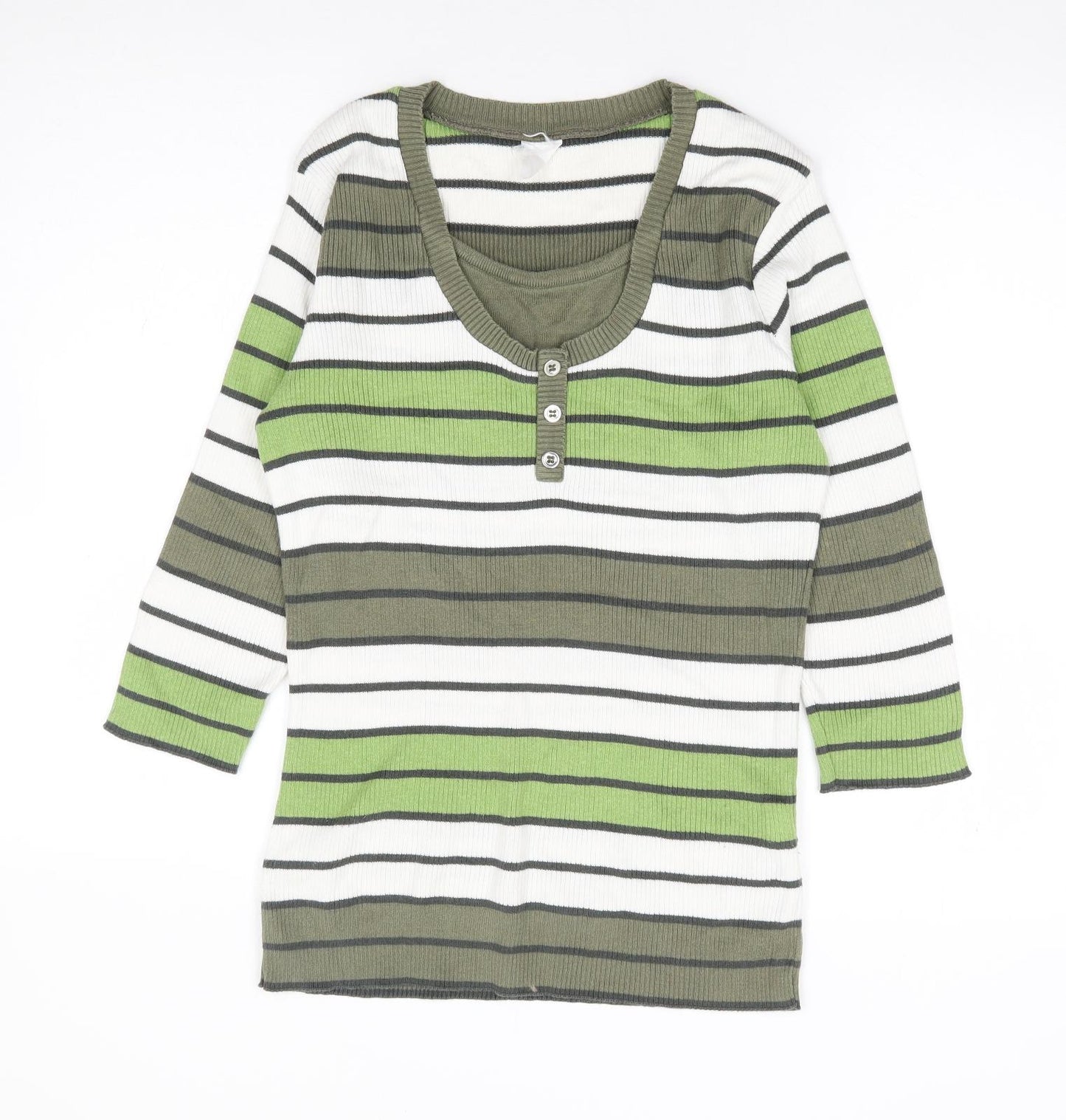 Leon Strick Womens Green Round Neck Striped Cotton Henley Jumper Size S