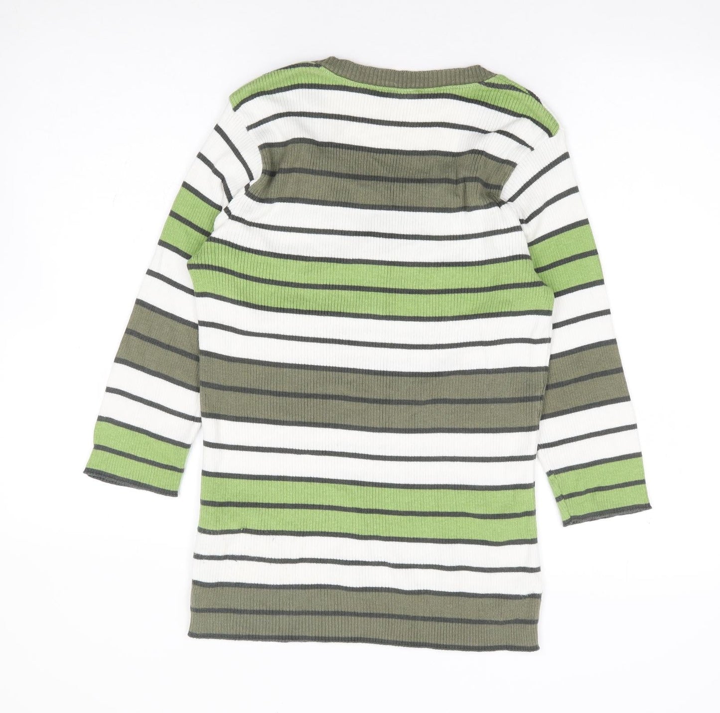 Leon Strick Womens Green Round Neck Striped Cotton Henley Jumper Size S