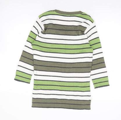 Leon Strick Womens Green Round Neck Striped Cotton Henley Jumper Size S