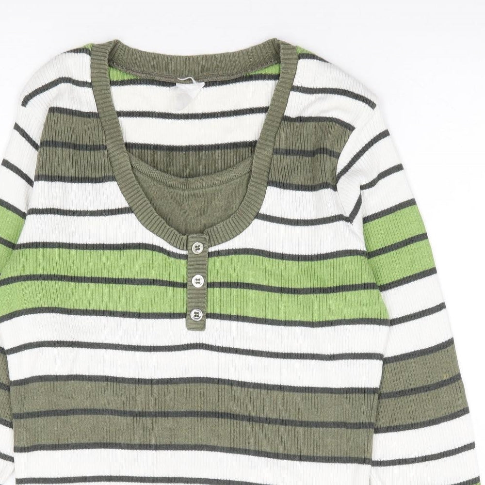 Leon Strick Womens Green Round Neck Striped Cotton Henley Jumper Size S