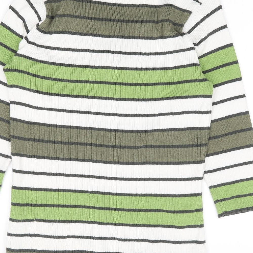 Leon Strick Womens Green Round Neck Striped Cotton Henley Jumper Size S