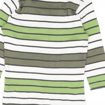 Leon Strick Womens Green Round Neck Striped Cotton Henley Jumper Size S