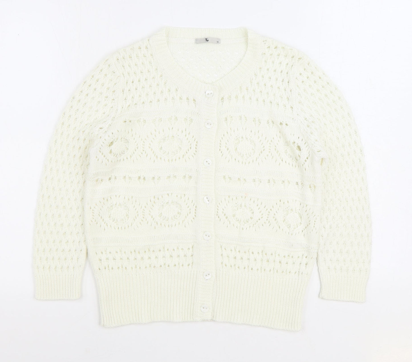 TU Womens White Round Neck Acrylic Pullover Jumper Size 12