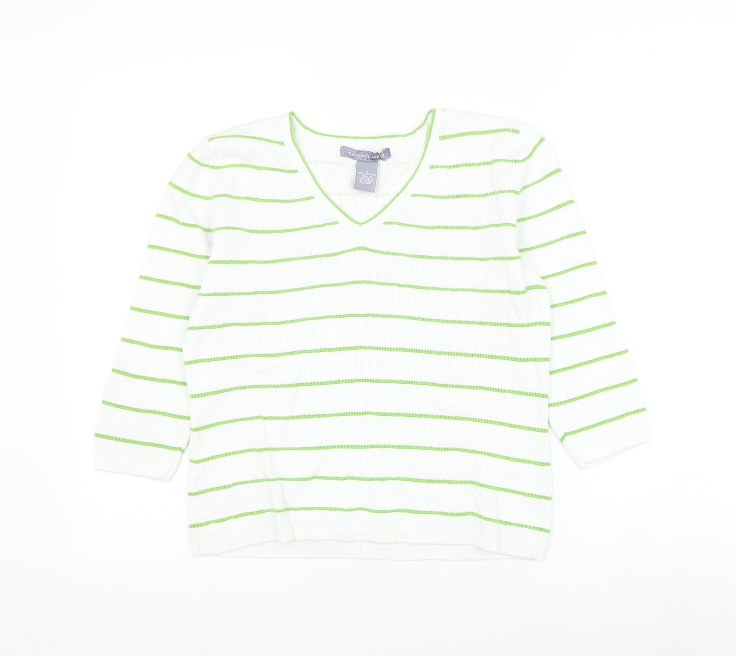 Carroll Reed Womens White Round Neck Striped Cotton Pullover Jumper Size S