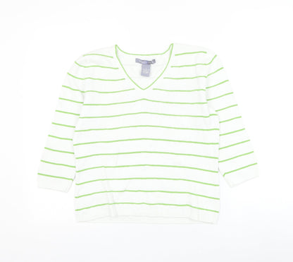 Carroll Reed Womens White Round Neck Striped Cotton Pullover Jumper Size S