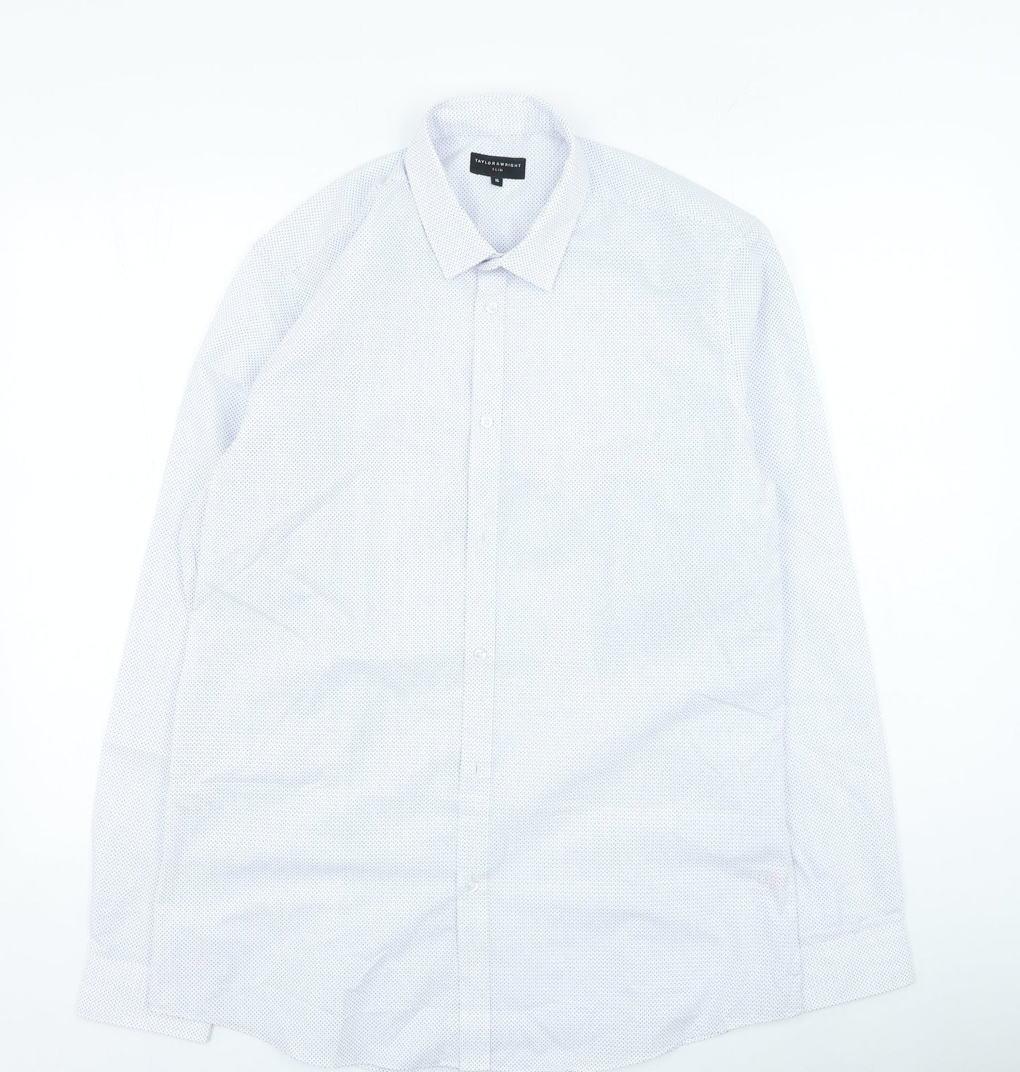 Taylor & Wright Mens White Geometric Polyester Button-Up Size 16 Collared Button