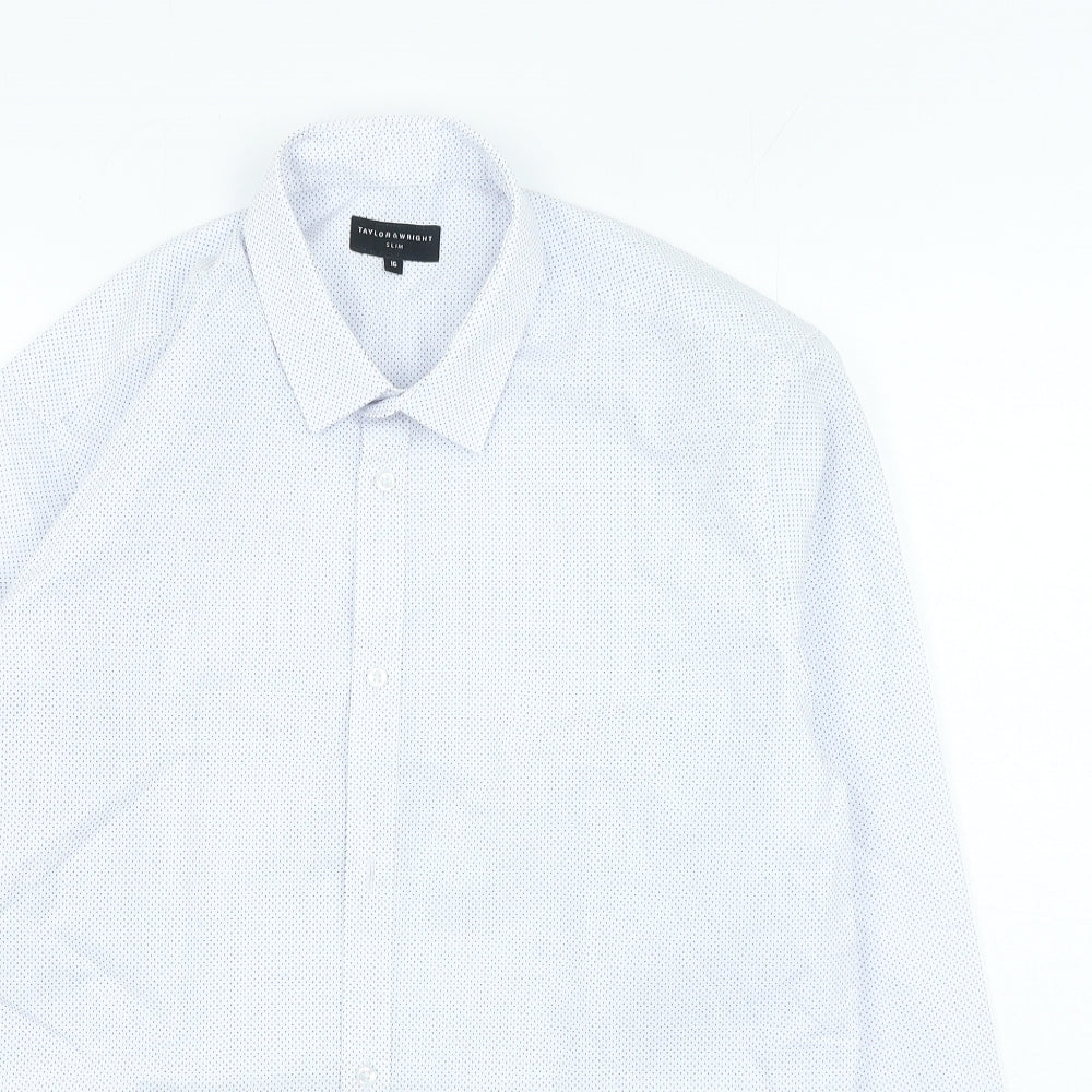 Taylor & Wright Mens White Geometric Polyester Button-Up Size 16 Collared Button
