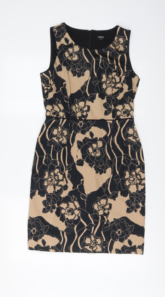 Oasis Womens Black Floral Cotton Sheath Size 10 Round Neck Zip