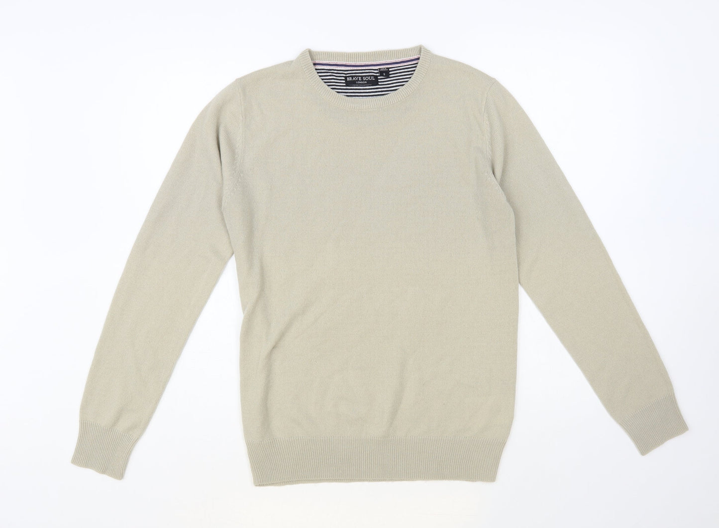 Brave Soul Mens Beige Crew Neck Acrylic Pullover Jumper Size S