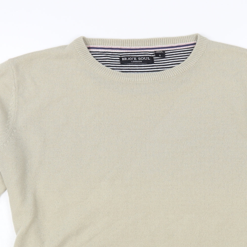 Brave Soul Mens Beige Crew Neck Acrylic Pullover Jumper Size S