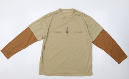 SheIn Womens Beige Polyester Basic T-Shirt Size M Round Neck - Icing On The Cake