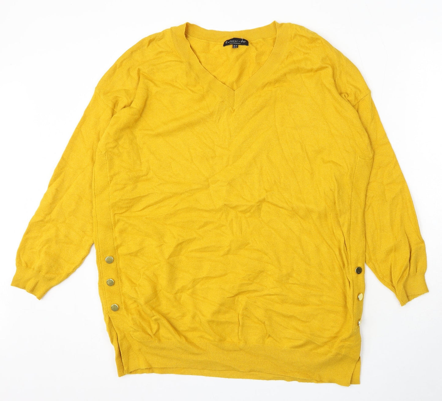 F&F Womens Yellow V-Neck Acrylic Pullover Jumper Size 12